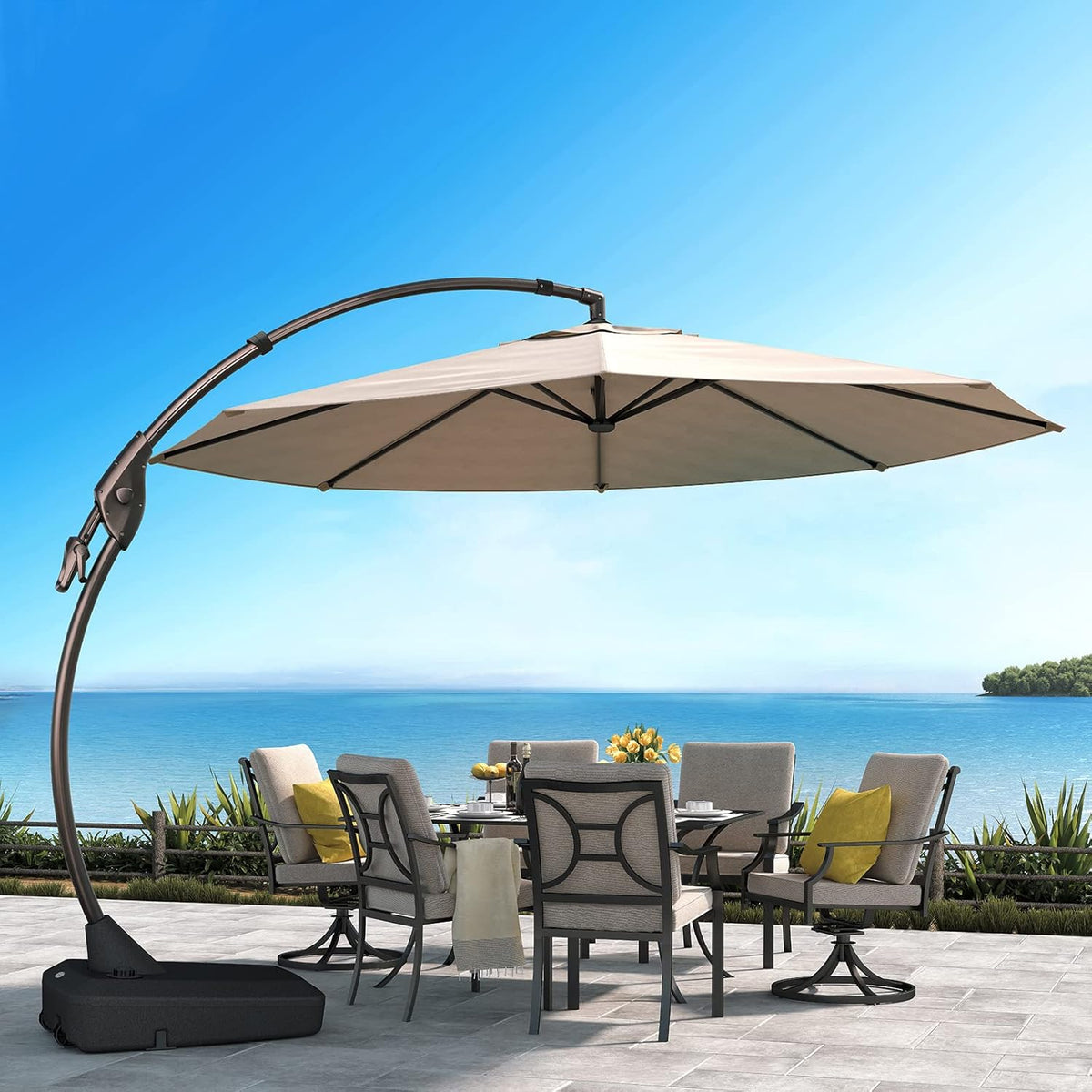11 FT Curvy Aluminum Offset Umbrella with Base A5977