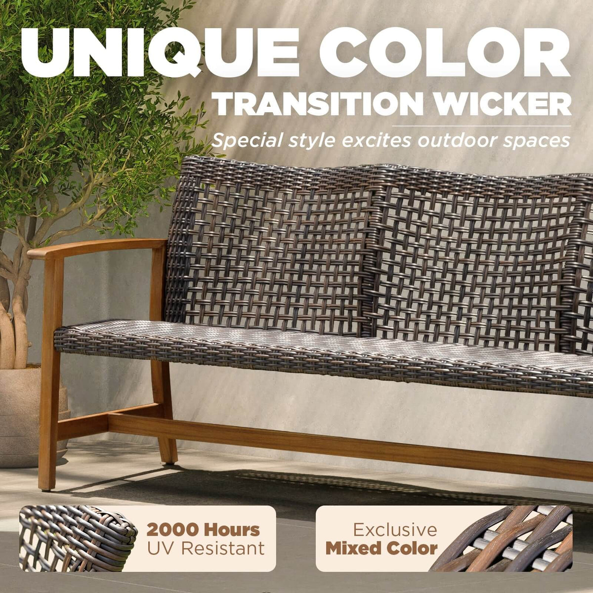 Teak Finish Acacia Patio Wicker Sofa Couch T686