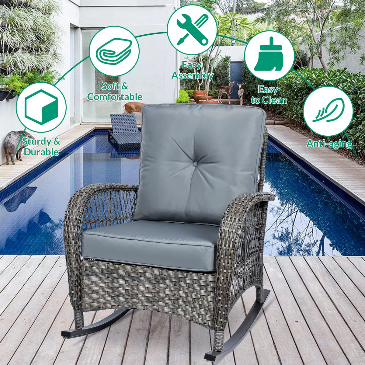 3-Piece Outdoor Wicker Rocking Bistro Set with Glass Top Side Table R12392