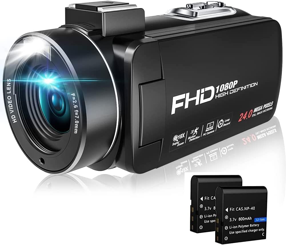 1080P 24MP 30FPS Digital Camcorder with LED Fill Light 18X Zoom 3.0 Inch 270 Degree Rotation 2 Batteries L67424