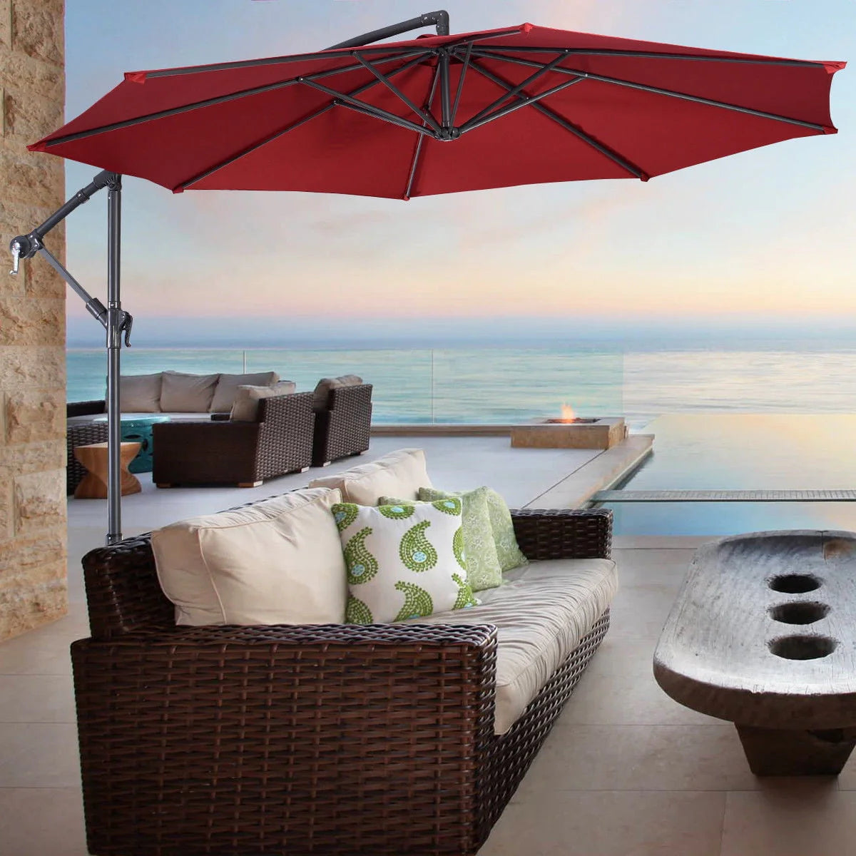 10' Hanging Patio Umbrella with Cross Base Tan Y8497
