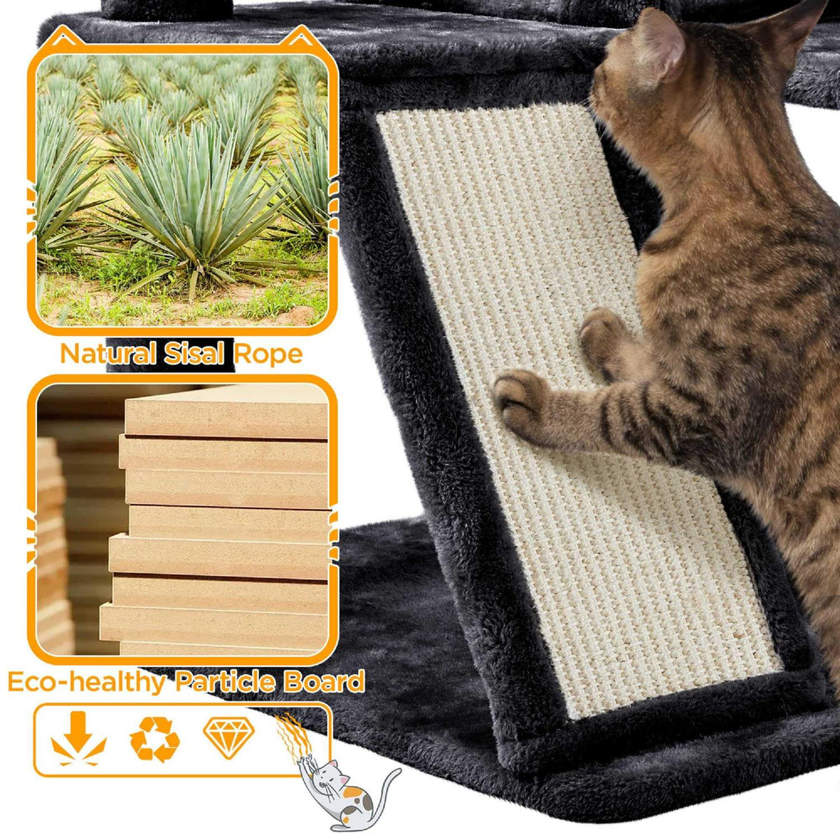 Black Plush Cat Tree with 2 Condos G8559