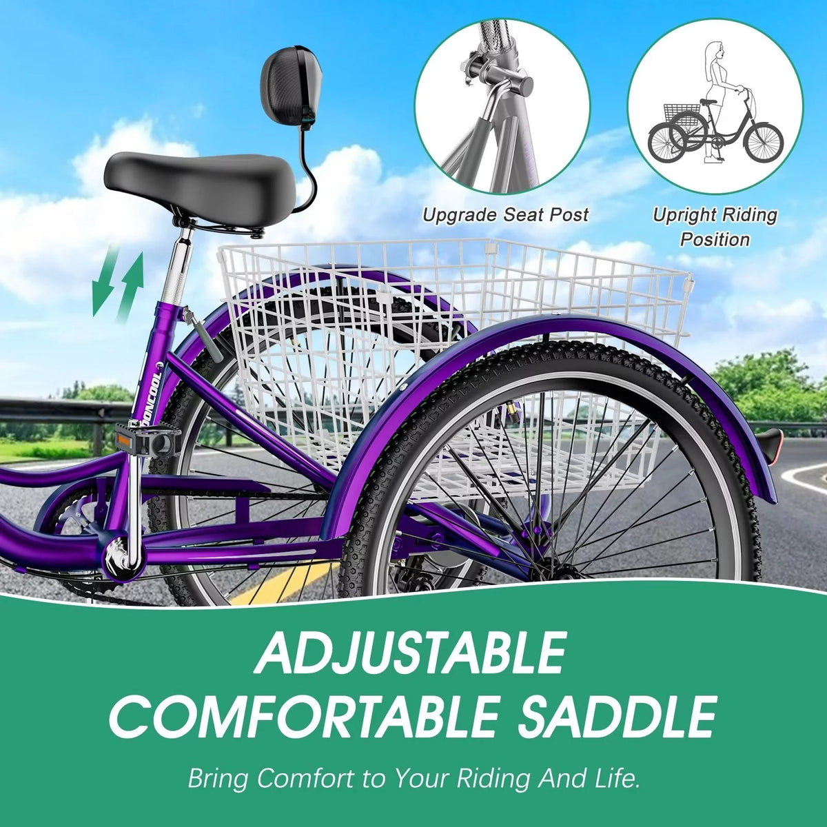 Cyan 26 inch 7-Speed Adult Tricycle with Basket U726155