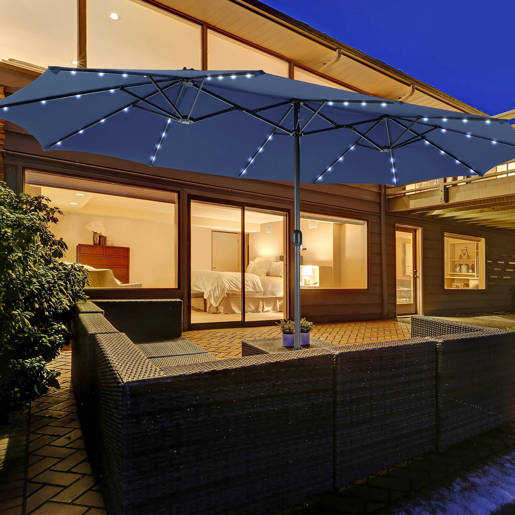 15FT Twin Patio Double-Sided Umbrella with 48 Solar LED Lights C239265