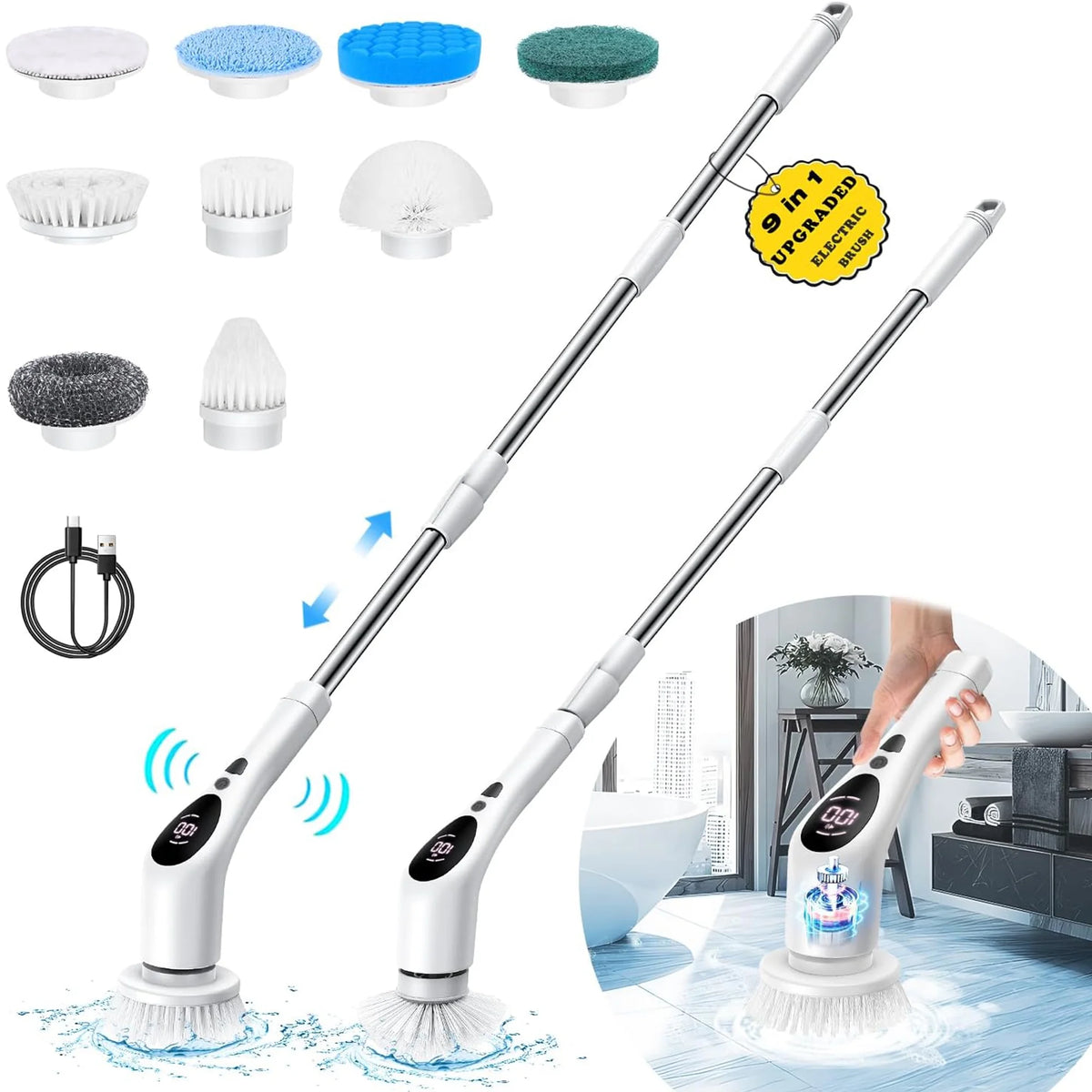 Cordless Electric Spin Scrubber with 9 Replaceable Brush Heads B895498