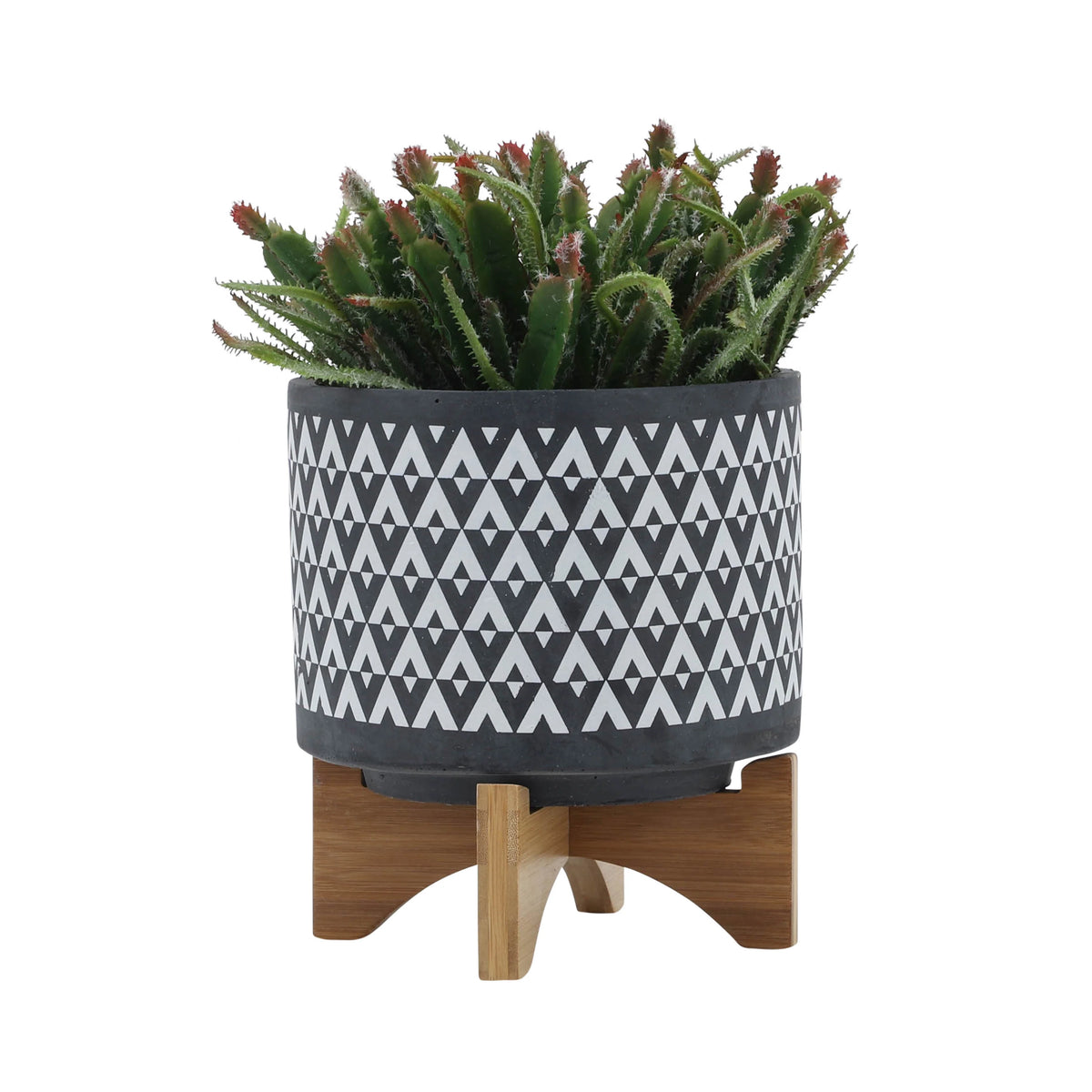 Ceramic Aztec Planter on Wooden Stand, Gray, 8"L X 8"W X 9"H M188885