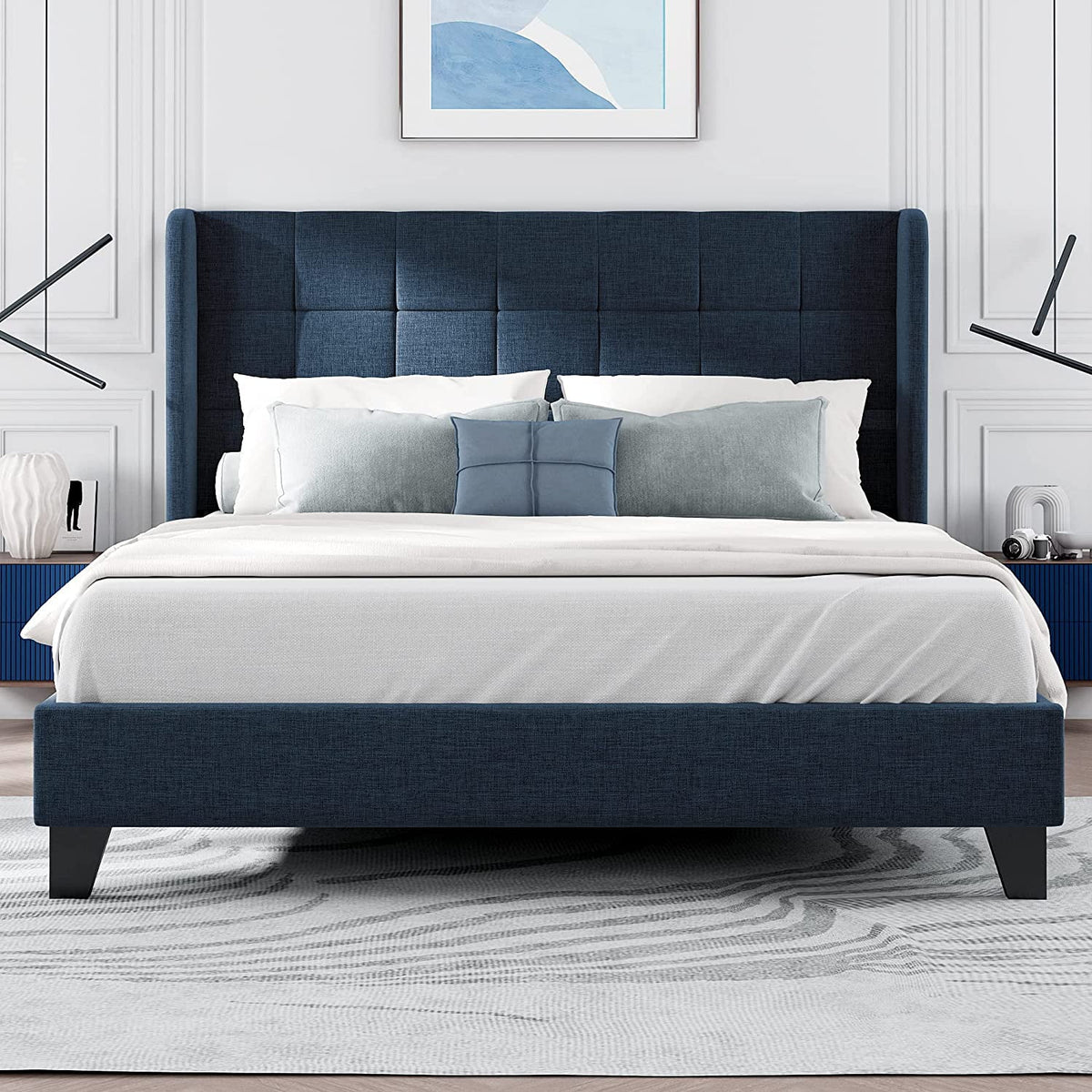 Queen Size Wingback Fabric Upholstered Platform Bed Frame D629
