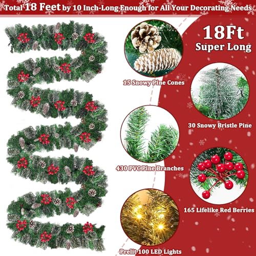 18Ft Prelit Snowy Bristle Pine Christmas Garland with 100 Lights L326