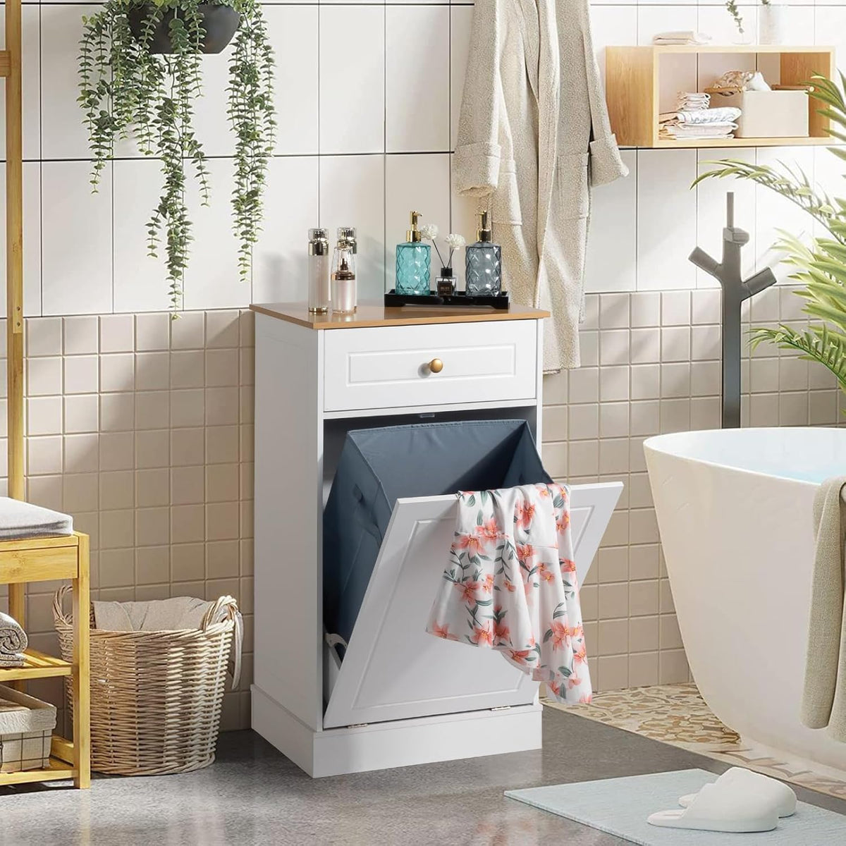 White Tilt Out Laundry Hamper Cabinet with Drawer A92517