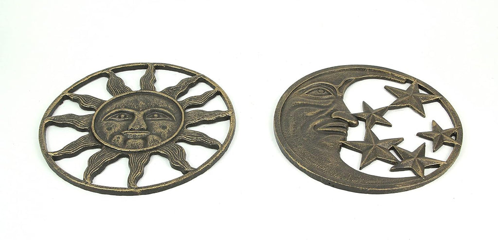 Set of 2 Antique Bronze Cast Iron Sun and Moon Wall Hanging Art Decor R963