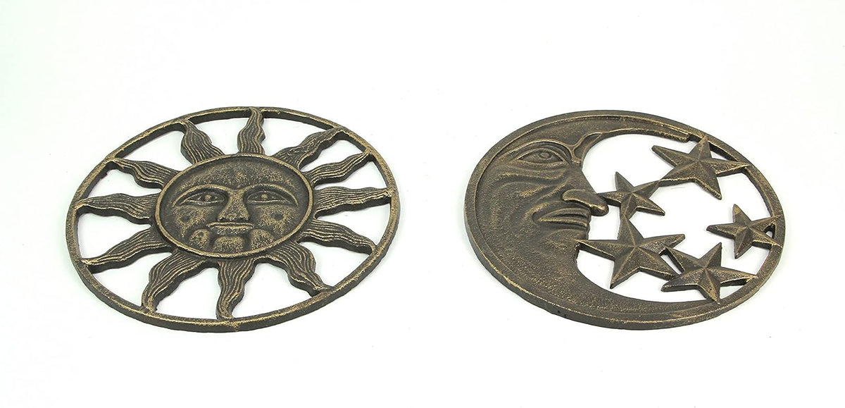Set of 2 Antique Bronze Cast Iron Sun and Moon Wall Hanging Art Decor R963