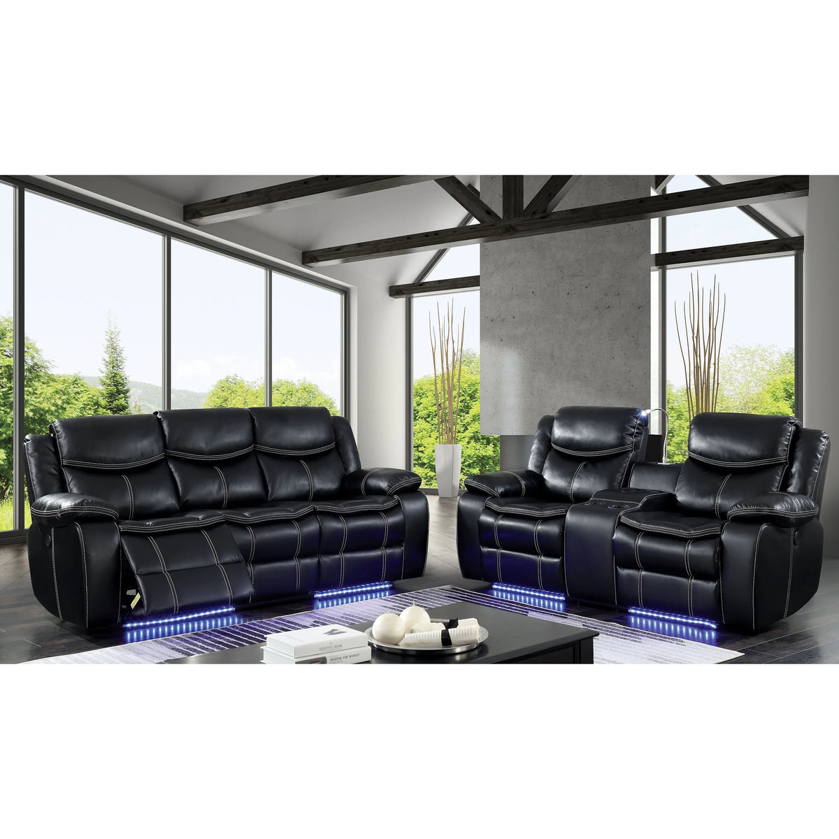 Black Faux Leather Power Recliner Sofa with LED Light O997