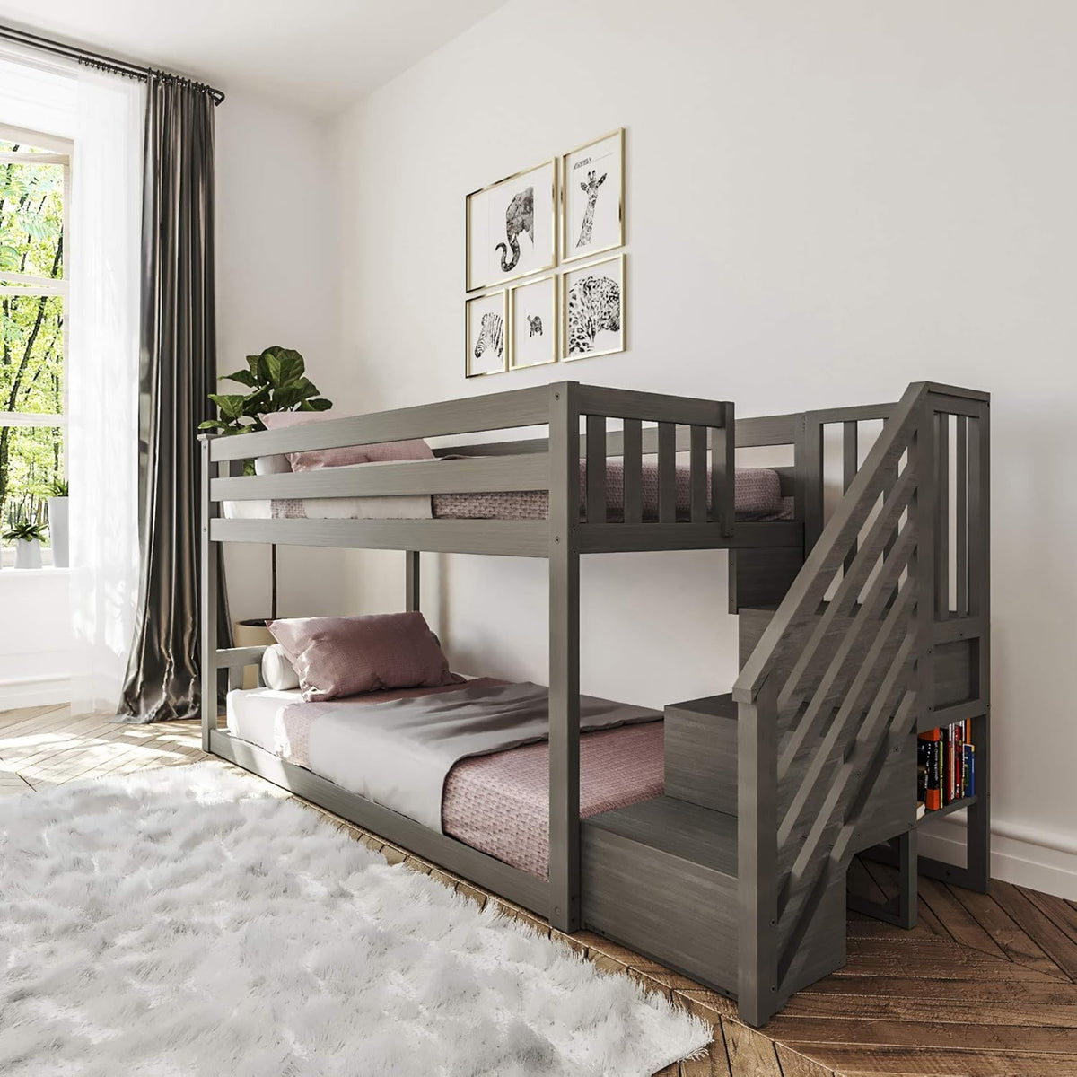 White Twin Low Bunk Bed with Staircase B454
