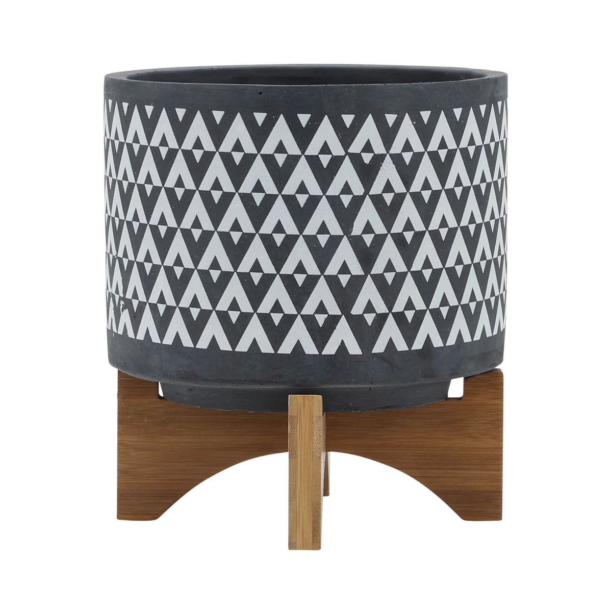 Ceramic Aztec Planter on Wooden Stand, Gray, 8"L X 8"W X 9"H M188885