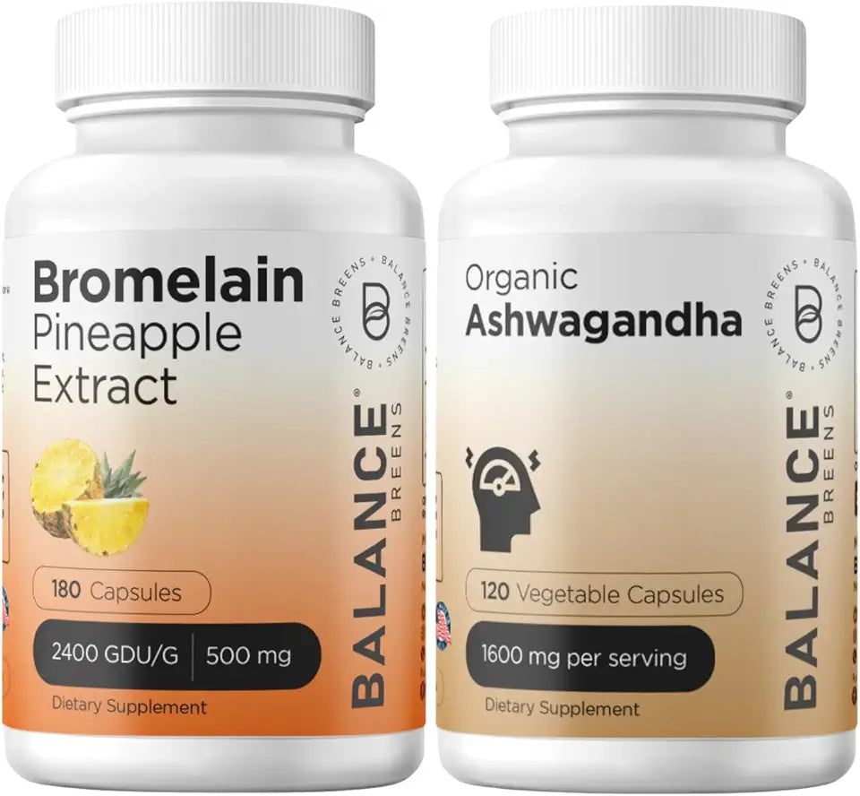 Bromelain 500mg 180 Capsules and Organic Ashwagandha 1600 mg Supplement Combo M8329