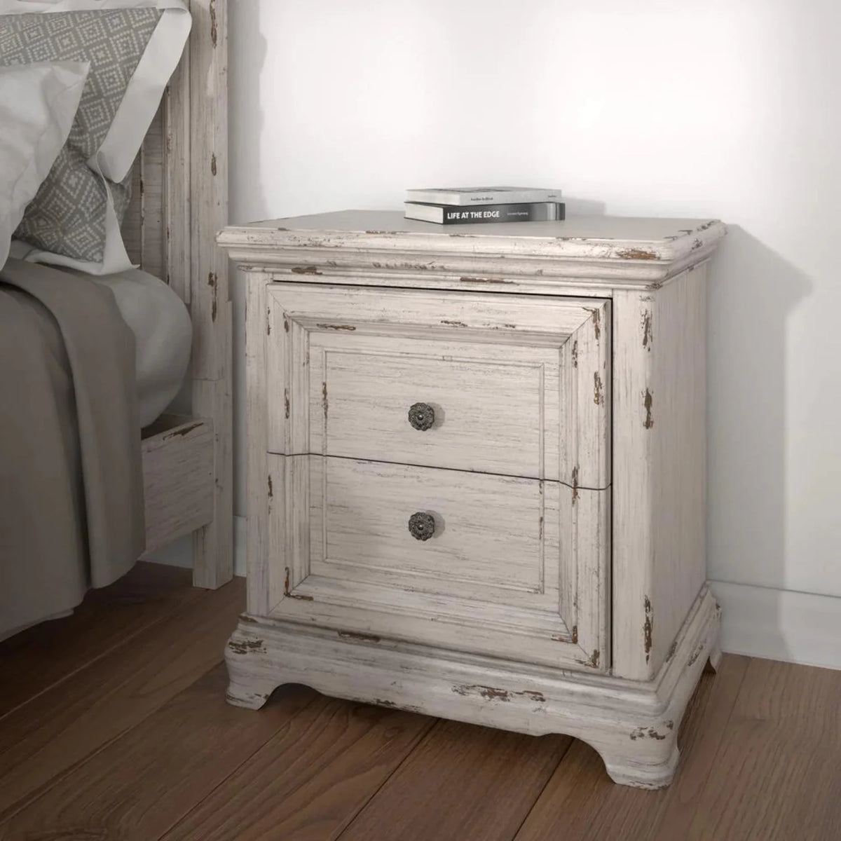 Antique White Wood Two Drawer Nightstand U8378