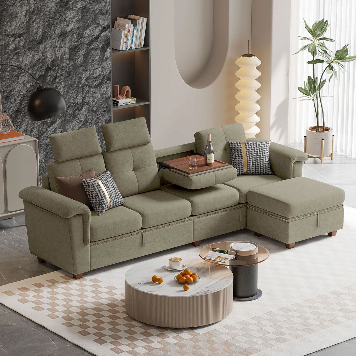 Light Gray L-shaped Sectional Sofa with Ottoman Q7804