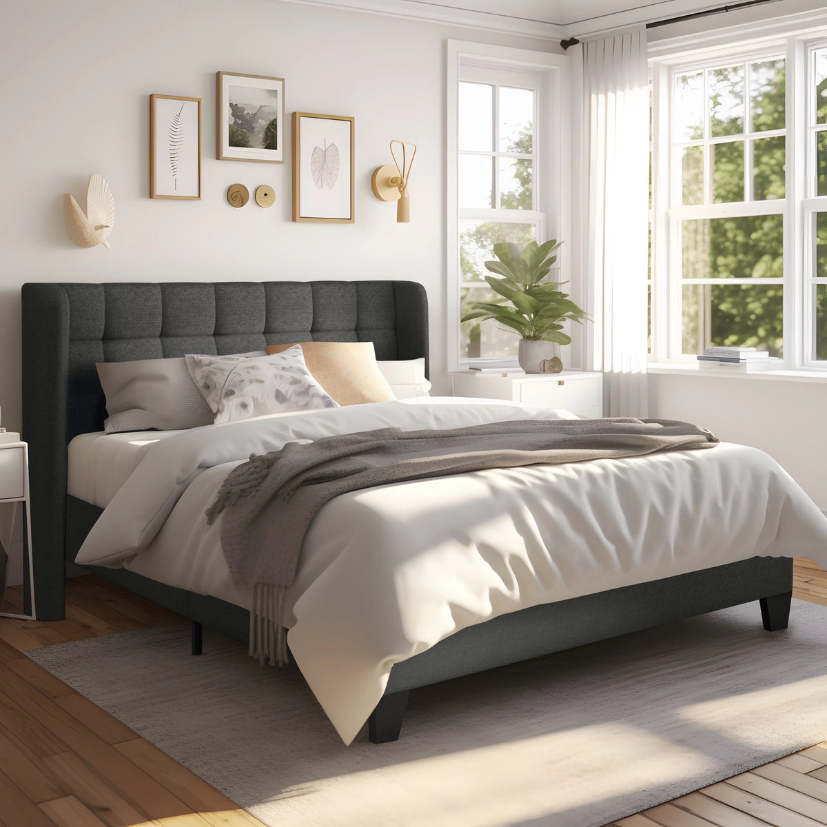 Queen Size Wingback Fabric Upholstered Platform Bed Frame D629