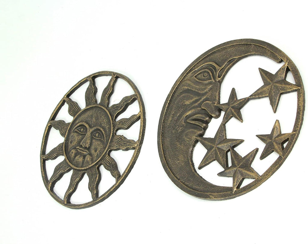 Set of 2 Antique Bronze Cast Iron Sun and Moon Wall Hanging Art Decor R963