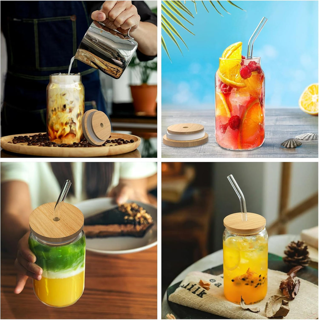 9pcs 16 oz Drinking Glasses with Bamboo Lids and Glass Straw I4896