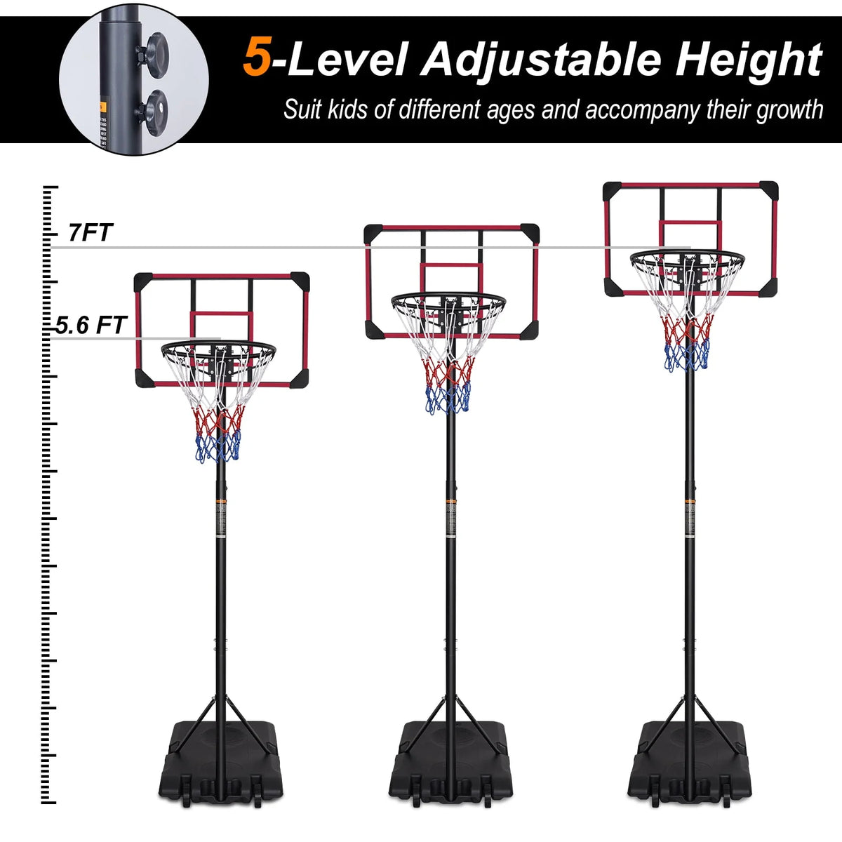 Height Adjustable Portable Basketball Hoop with Wheels B696