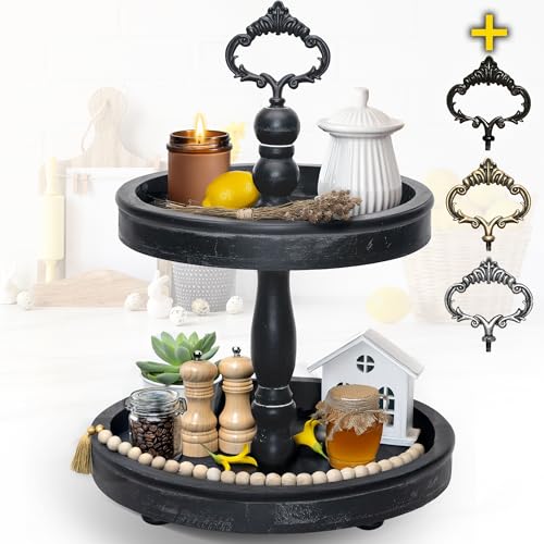 2 Tiered Tray Stand with 3 Changeable Handles Black W62572