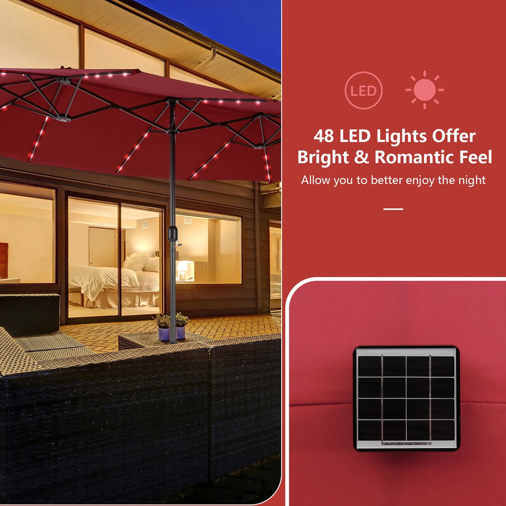 15FT Twin Patio Double-Sided Umbrella with 48 Solar LED Lights C239265