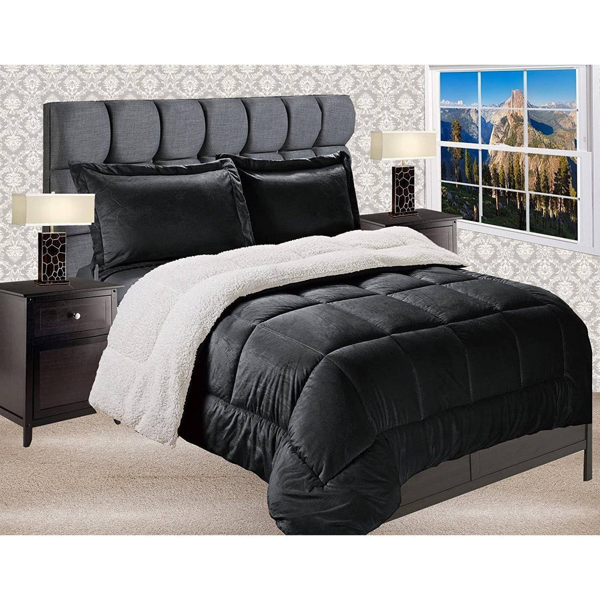 Black 3-Piece Micromink Reversible Comforter Set V138737