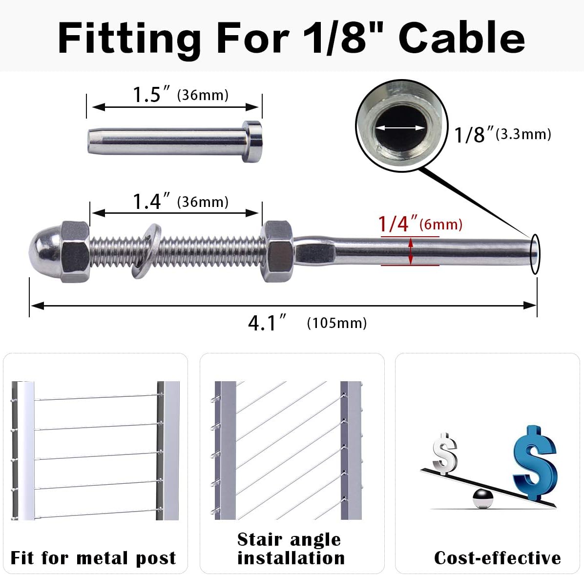 20Pack 1/8 Cable Railing Kit T316 Stainless Steel Terminal D8259