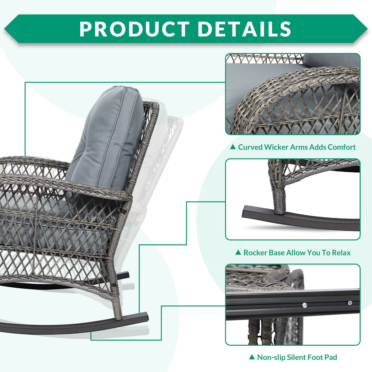 3-Piece Outdoor Wicker Rocking Bistro Set with Glass Top Side Table R12392