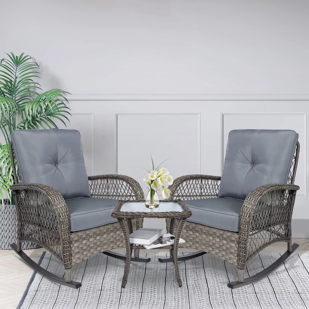 3-Piece Outdoor Wicker Rocking Bistro Set with Glass Top Side Table R12392