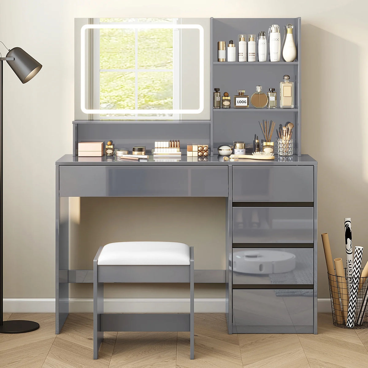 Gray Vanity Desk with Mirror and 4 Drawers K845