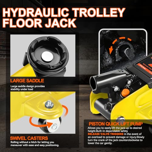 Low Profile Hydraulic Trolley Floor Jack Combo with 2 Ratchet Jack Stands, 2 Ton Capacity, Yellow Z3861