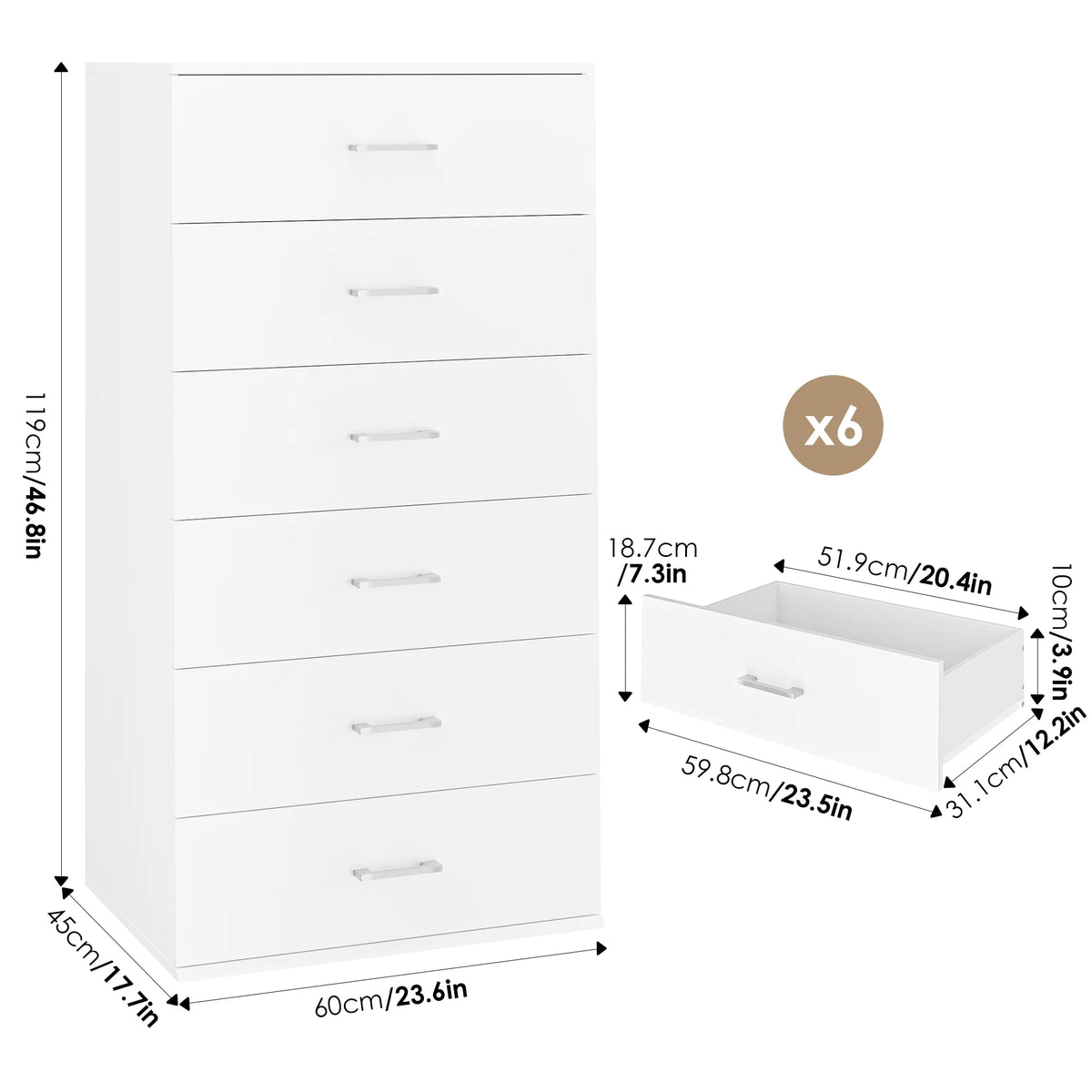 White 6 Drawer Wood Dresser S25925