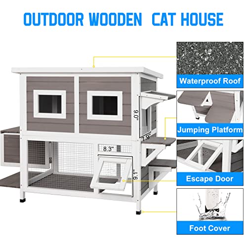 Two Story Wooden Cat House with Climbing Ladder F2859