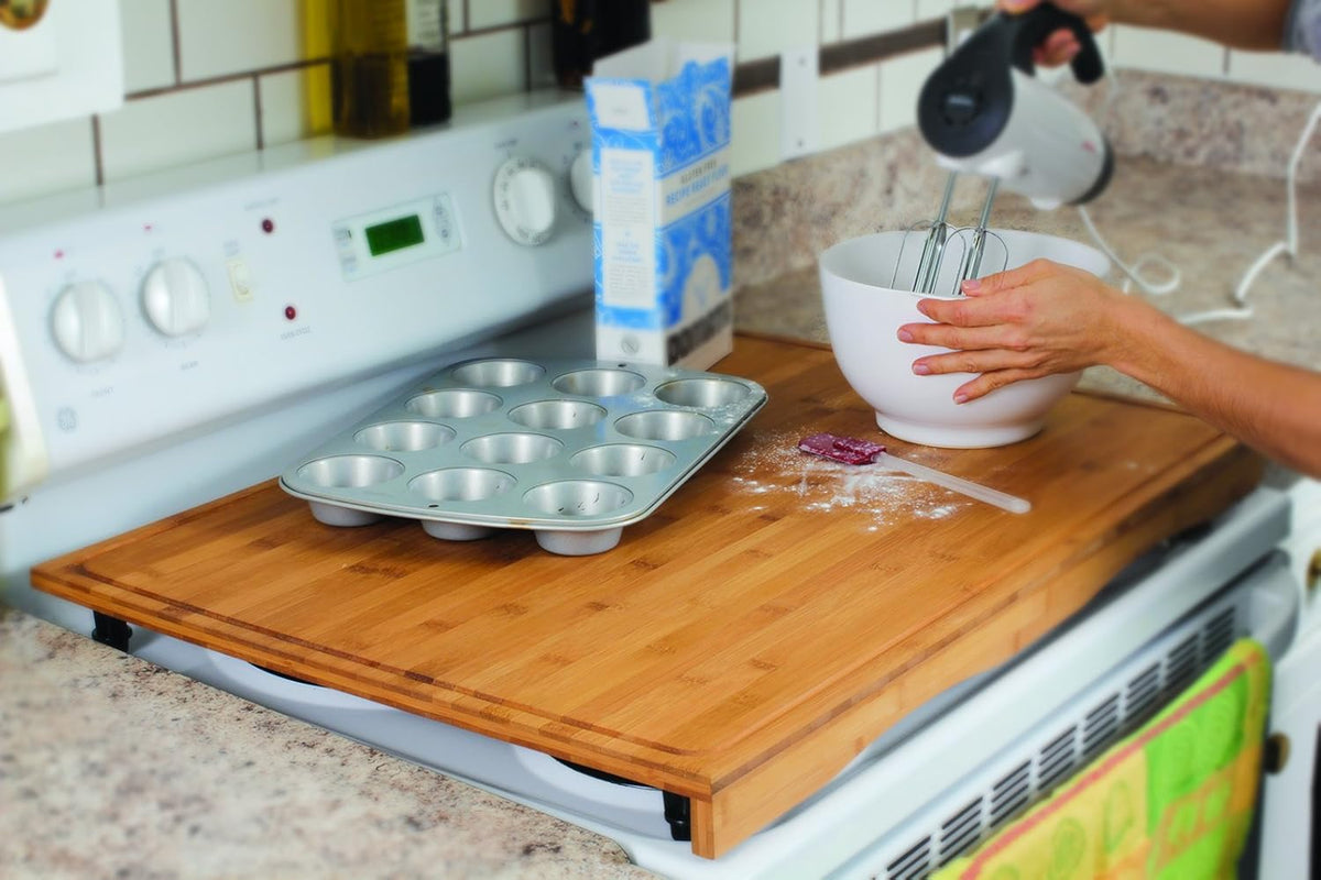 Bamboo Stove Top Work Surface with Adjustable Legs & Built In Juice Groove, 4 Burner, Brown Y8049