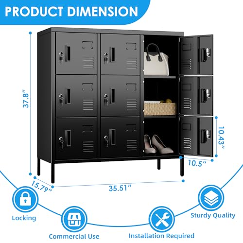 Metal Locker with Padlock and Keys, 9 Doors Black Steel Storage Locker Cabinet P5748