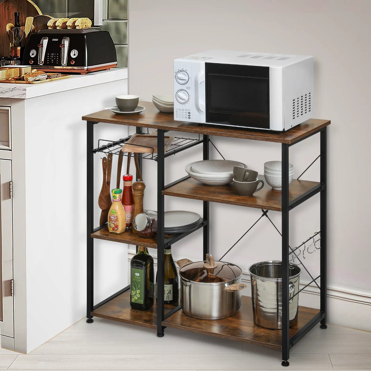 Steel 5 Shelves Kitchen Bakers Rack with Hooks V5911