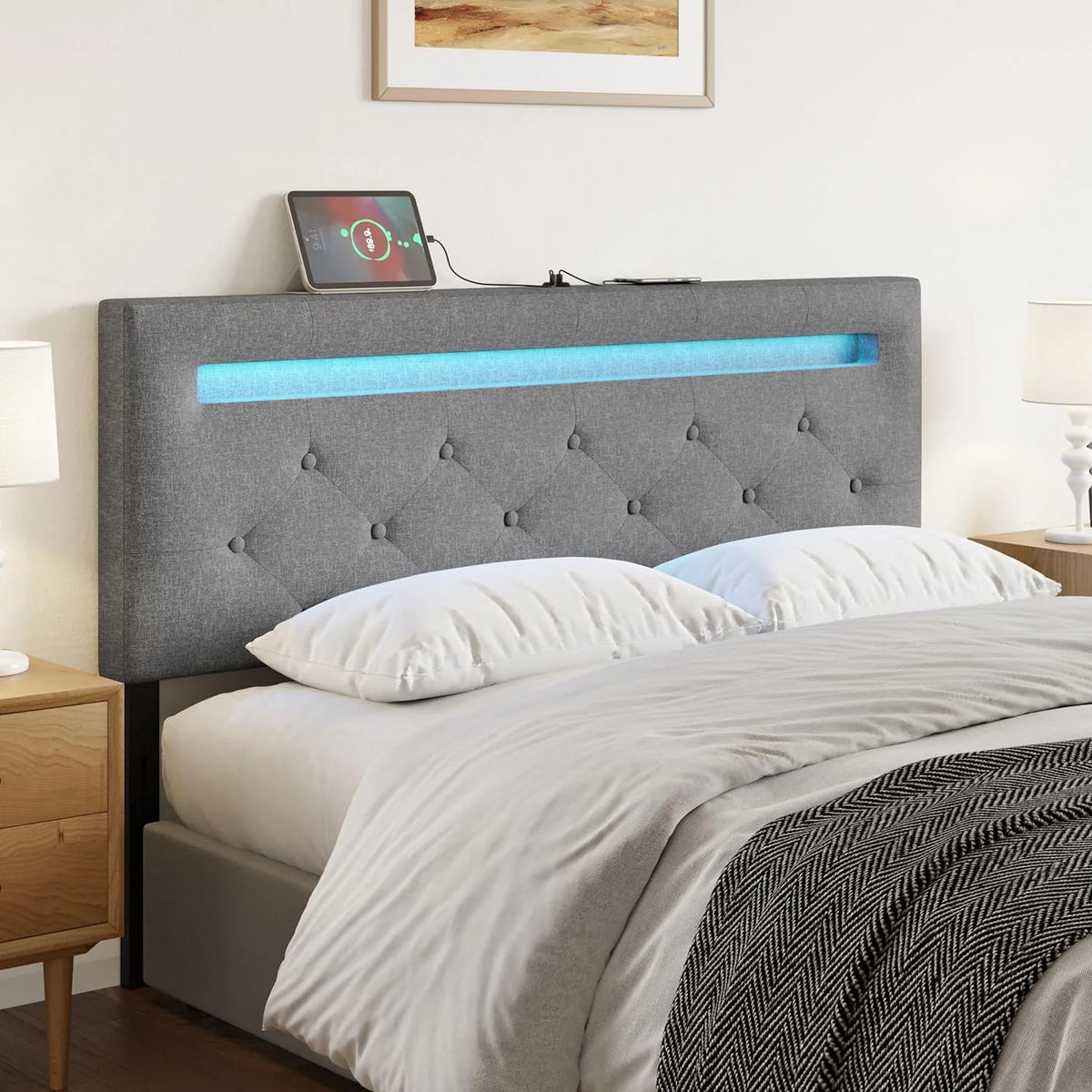 Queen Size Linen Fabric Upholstered Headboard with LED Light & USB Q602736