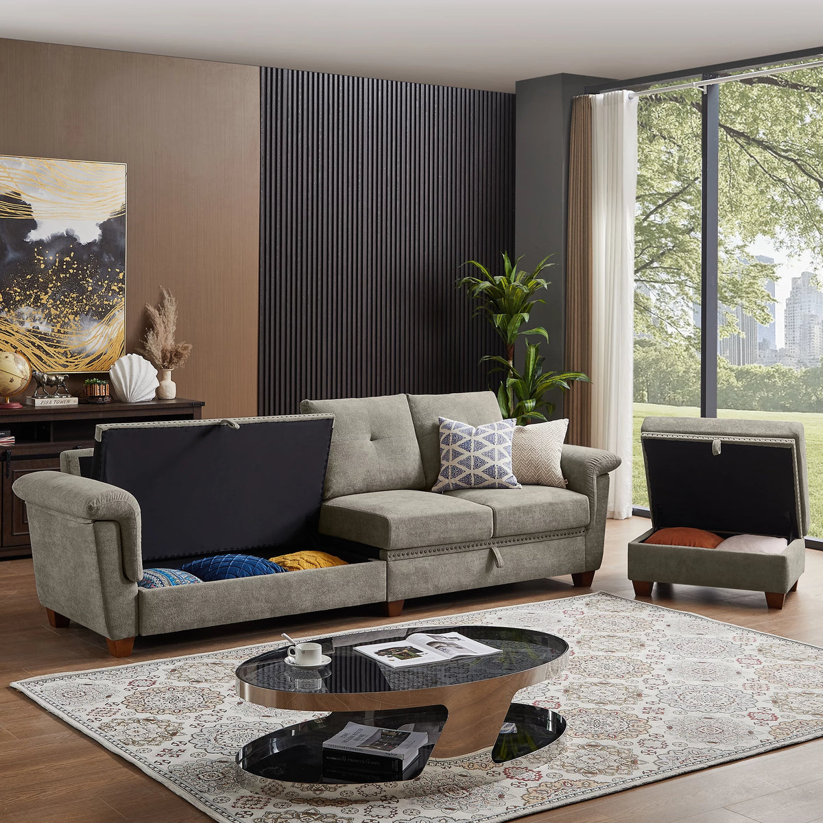 Light Gray L-shaped Sectional Sofa with Ottoman Q7804