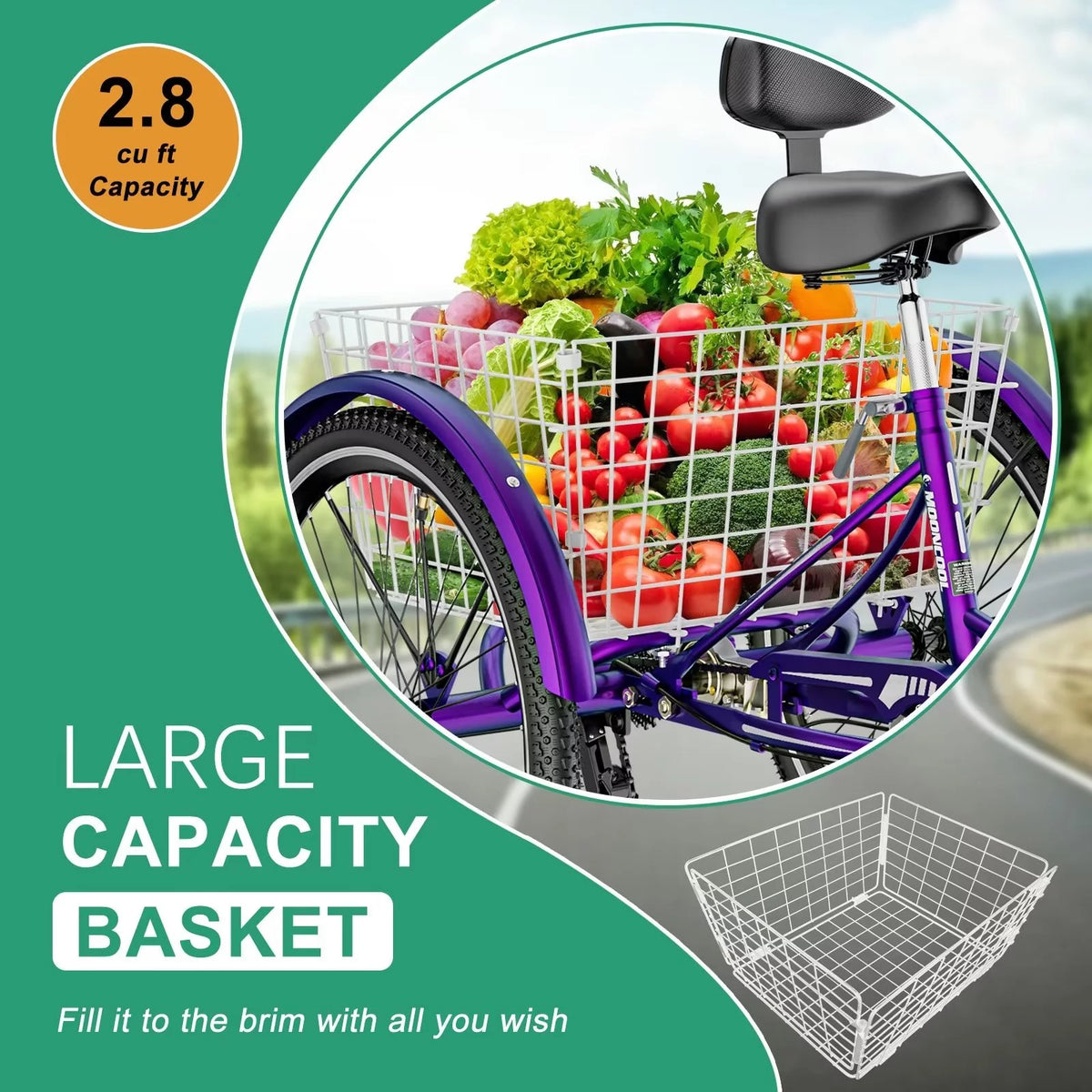 Cyan 26 inch 7-Speed Adult Tricycle with Basket U726155
