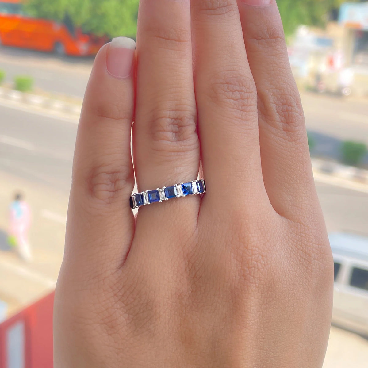 14K White Gold Princess Cut Blue Sapphire Half Eternity Ring with Diamond X8399
