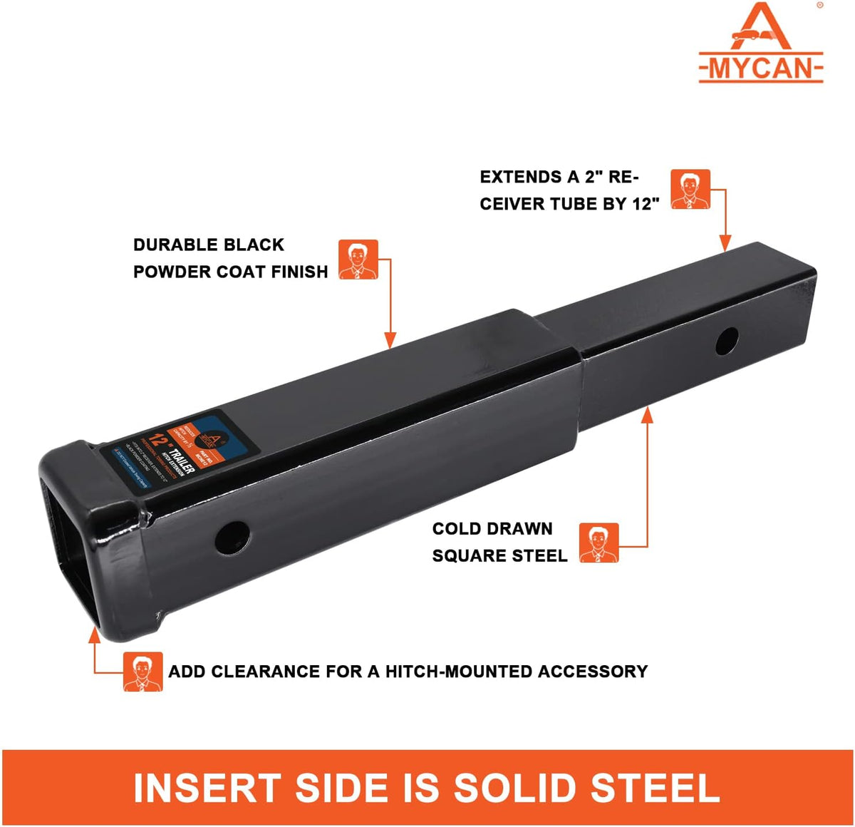 Hitch Extension 12 Long Solid Trailer Extender for 2 Receiver Tube Tow Bar Steel Shank Heavy Duty 3500 lbs Pack of 2 K81512