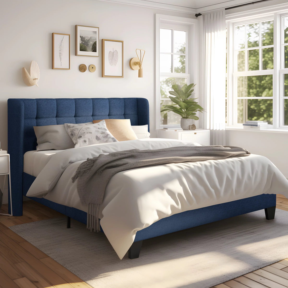 Queen Size Wingback Fabric Upholstered Platform Bed Frame D629