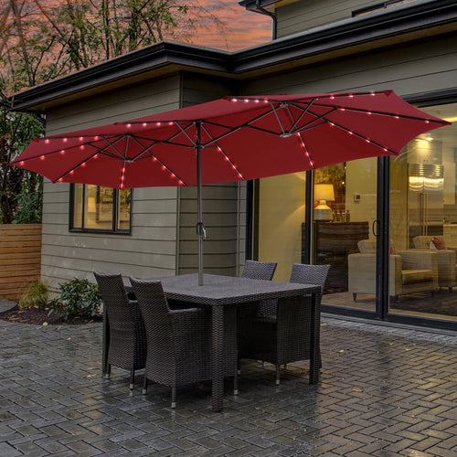 15FT Twin Patio Double-Sided Umbrella with 48 Solar LED Lights C239265