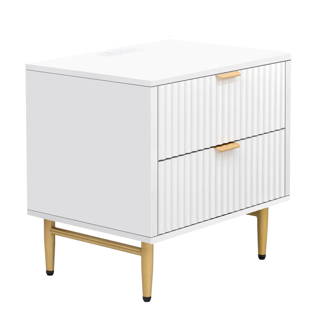 Modern Wood Fluted Nightstand Set of 2 with Charging Station White J8393