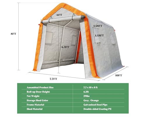 10.5x12x8 FT Heavy Duty Portable Shed Storage Shelter with 4 Waterproof Windows & Roll-up Zipper Door, Grey Y14873