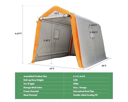 10.5x12x8 FT Heavy Duty Portable Shed Storage Shelter with 4 Waterproof Windows & Roll-up Zipper Door, Grey Y14873