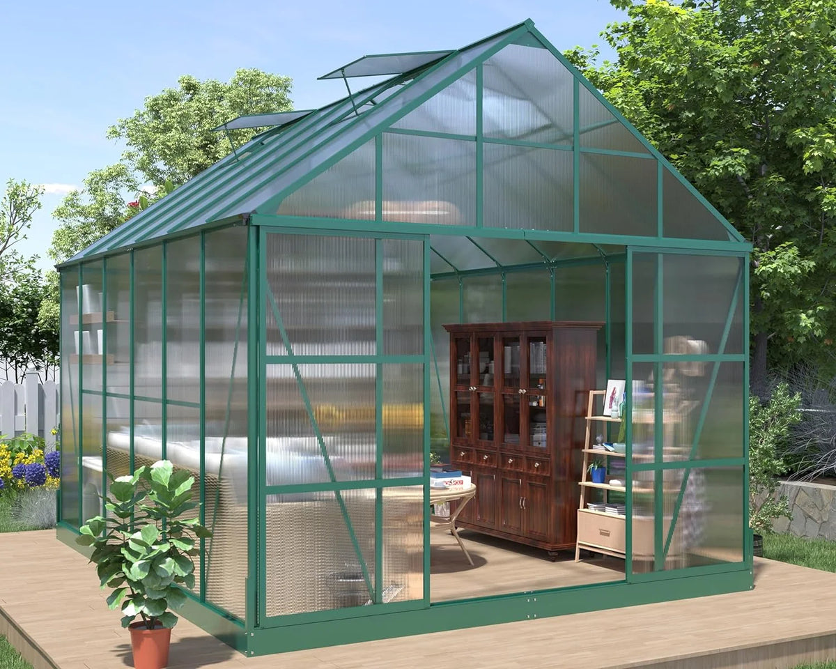 12x10x10 ft Polycarbonate Greenhouse with 2 Sliding Doors 4 Vents Window S85790