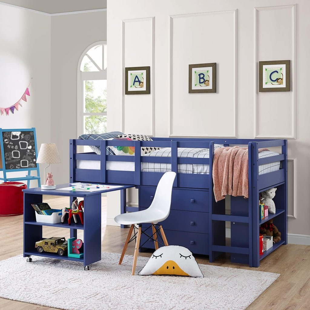 Twin Espresso Low Loft Bunk Bed with Ladder and Storage Desk Shelf Bookcase N49059